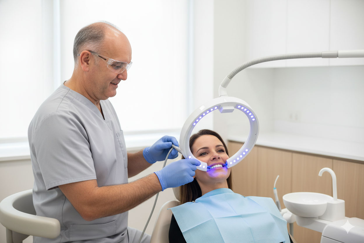 Dentist performing Zoom teeth whitening with blue LED light in a modern clinic