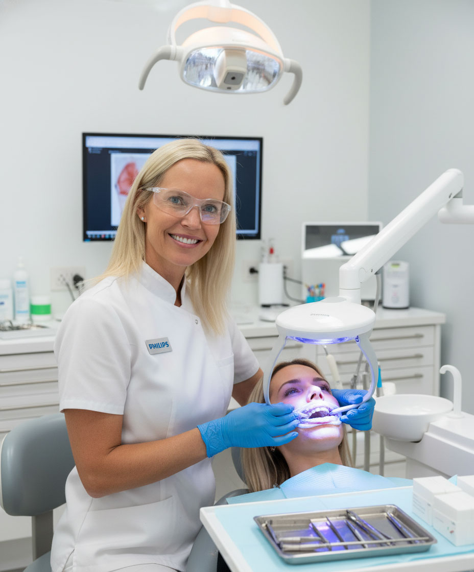 Dentist performing Zoom teeth whitening with blue LED light in a modern clinic