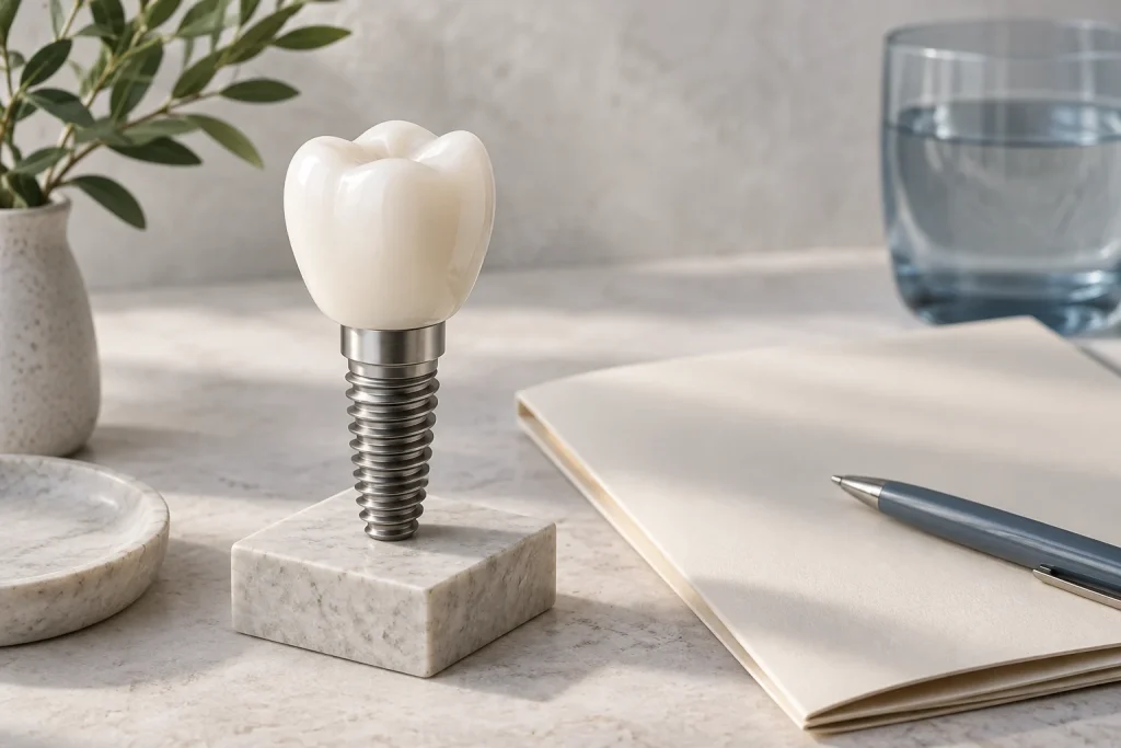 Dental implant model beside a blank planning folder and pen.