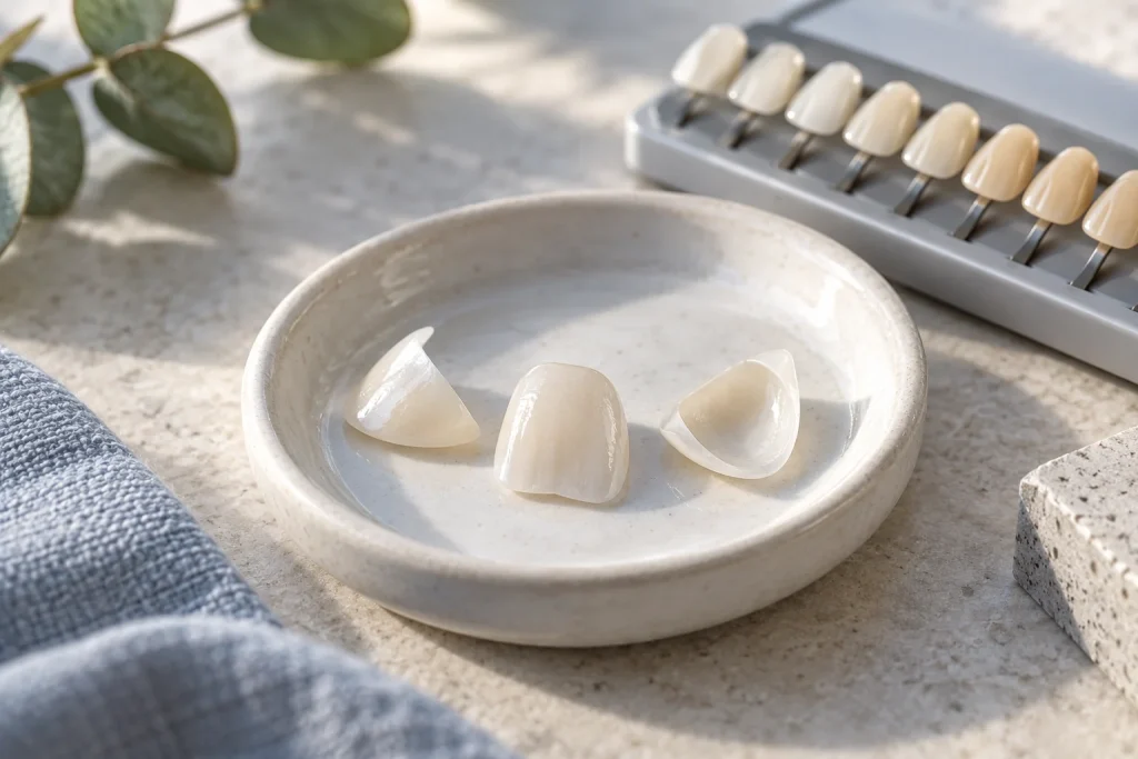 Porcelain veneer shells and a natural tooth shade guide.
