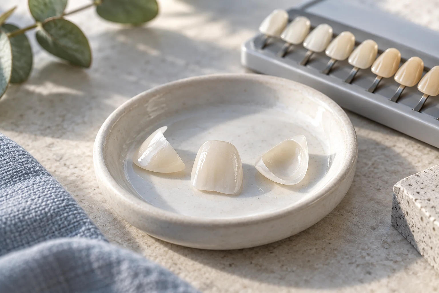 Thin porcelain veneer shells on a ceramic tray beside a dental shade guide.