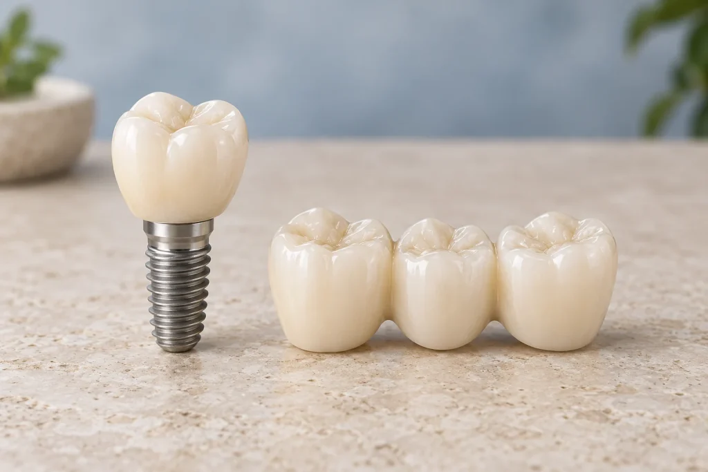 Dental implant model beside a three-unit ceramic bridge viewed from the front.