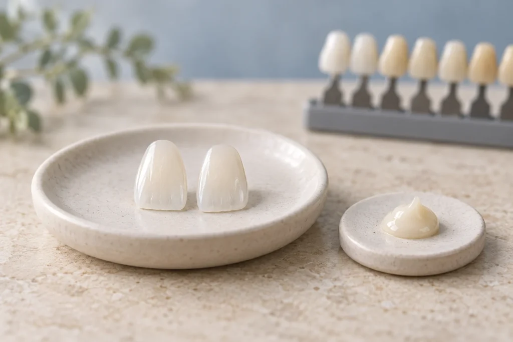 Thin porcelain veneer facings beside a tooth-coloured composite material sample.