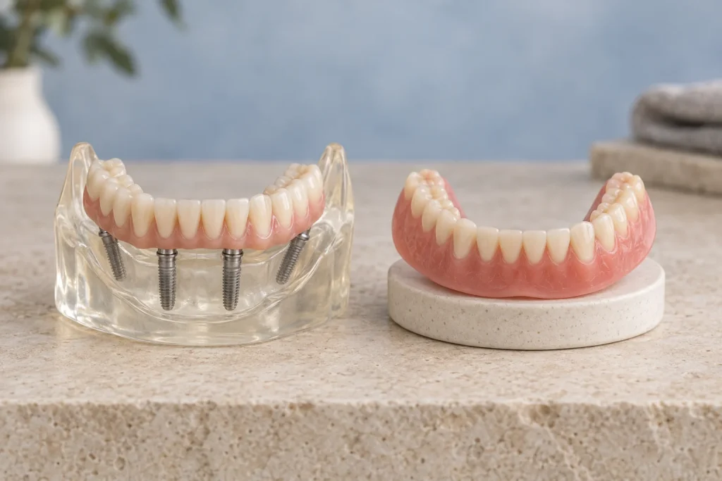 Full-arch implant-supported restoration and removable denture demonstration models.