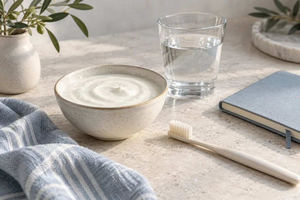 Soft food, water and a soft toothbrush illustrating recovery planning.