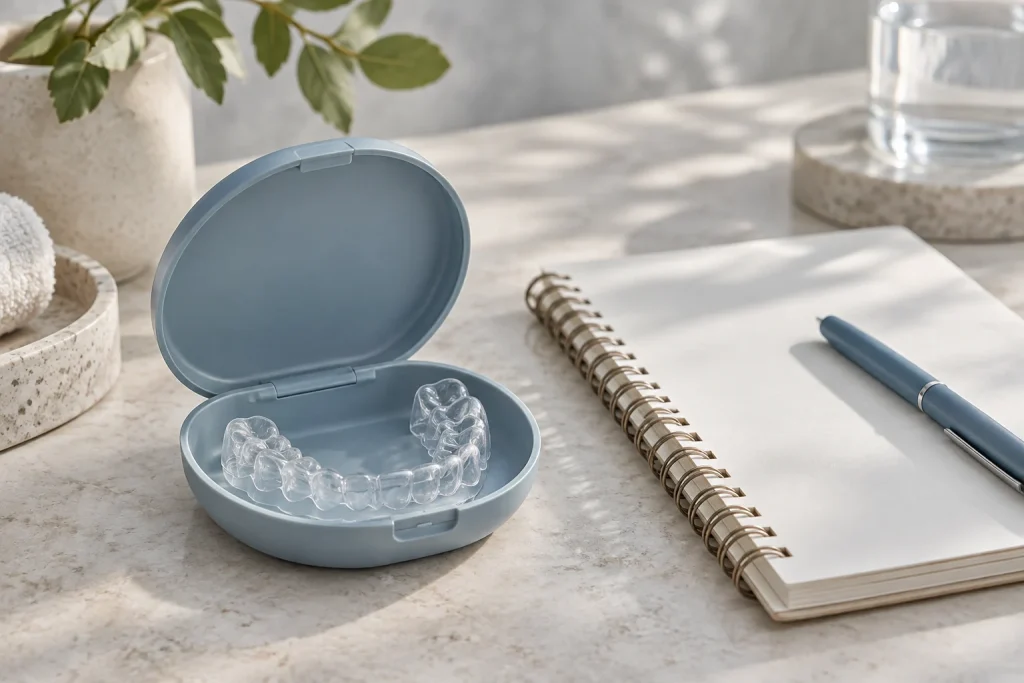 Clear dental aligner in a case beside a blank notebook and pen.
