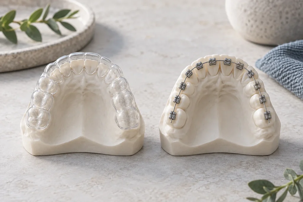 Educational dental arch models demonstrating clear aligners and braces.