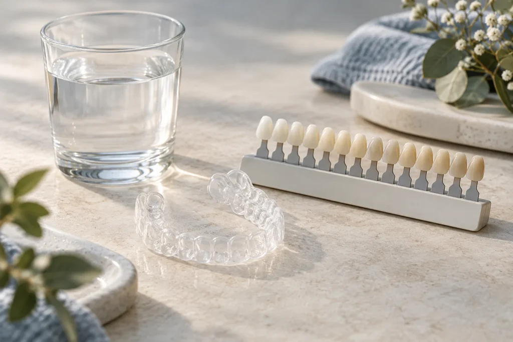 Whitening tray, tooth shade guide and glass of water.
