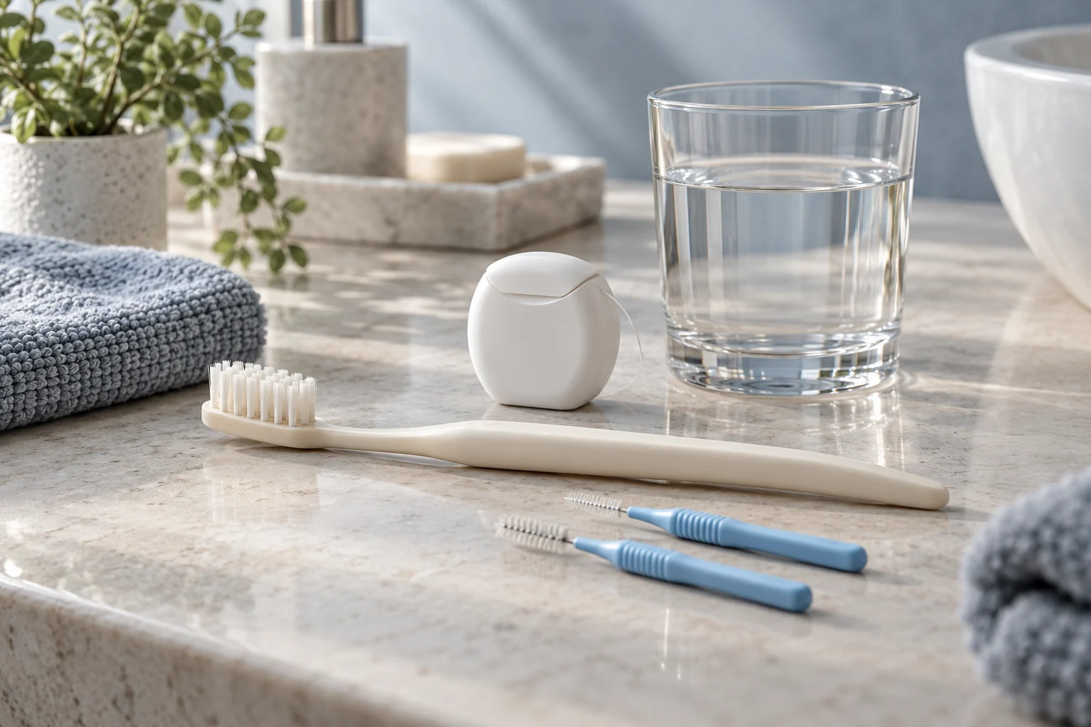 Soft toothbrush, dental floss and interdental brushes on a pale stone vanity.