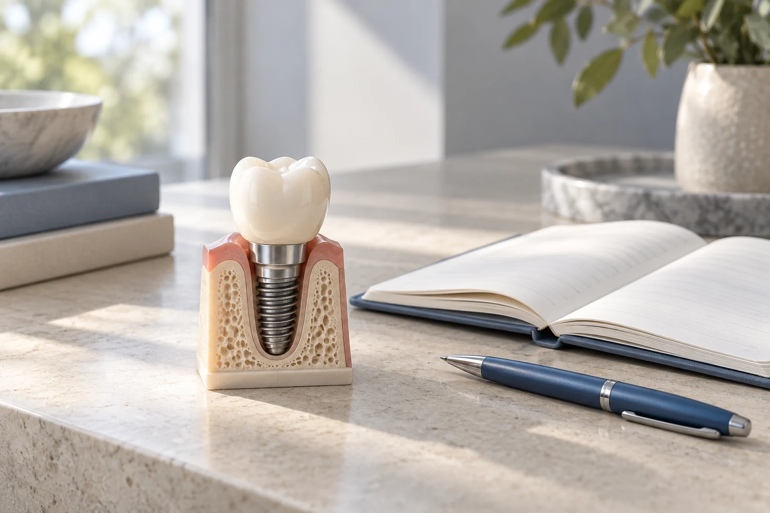Dental implant model beside an open planner, illustrating treatment planning.